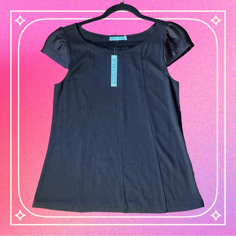 Alice + Olivia Pleated Ruffle Tee Top *NWT* Black S